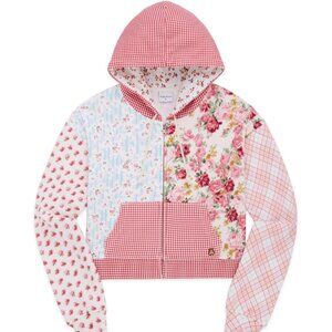 Teddy Fresh Women's Pink Patchwork Zip-Up Cropped Hoodie